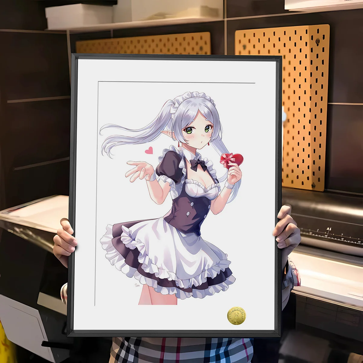 "Adorable Maid Frieren art print, a limited edition hand-numbered decorative painting from Huang Gua Studio, elegantly framed, capturing a whimsical a