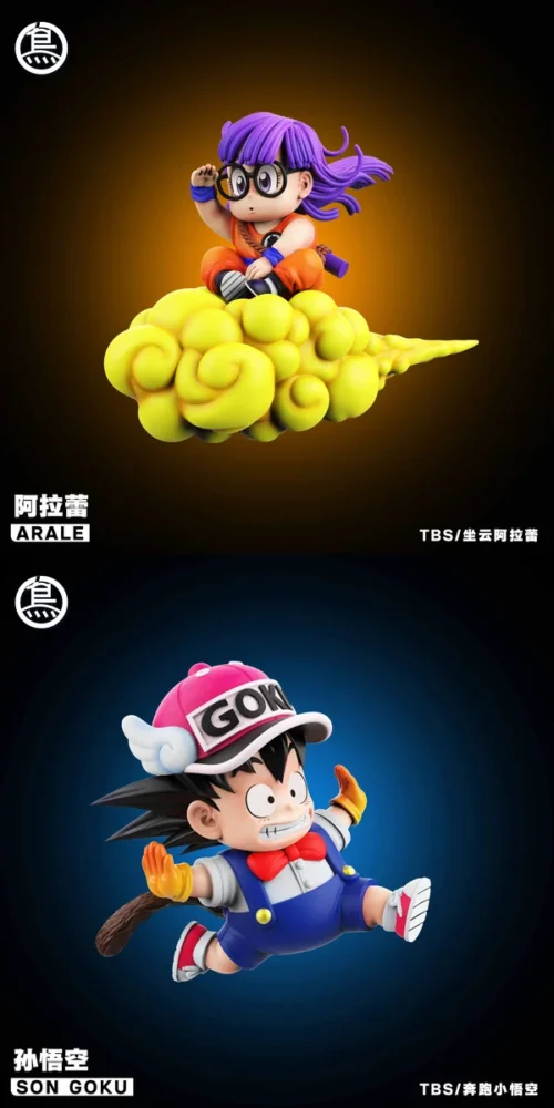 "Playful chibi Arale riding cloud and running Goku figure, an iconic Dr. Slump & Dragon Ball duo by TBS Toybirds Studio."
