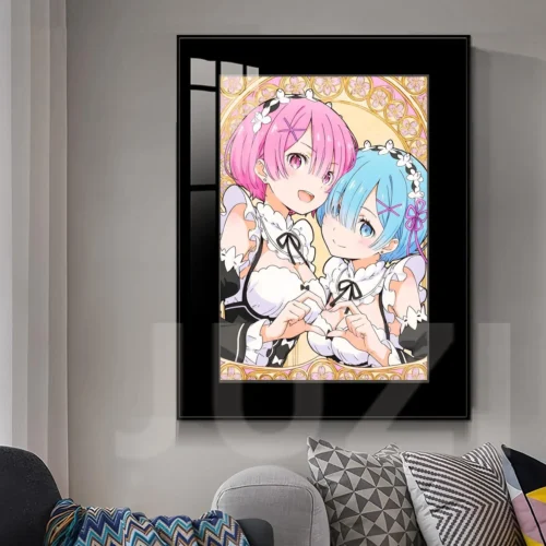 "Multiple views of the premium JUZI Studio Re:Zero Rem & Ram tarot painting, showcasing the vibrant fade-resistant HD UV print and elegant frame."