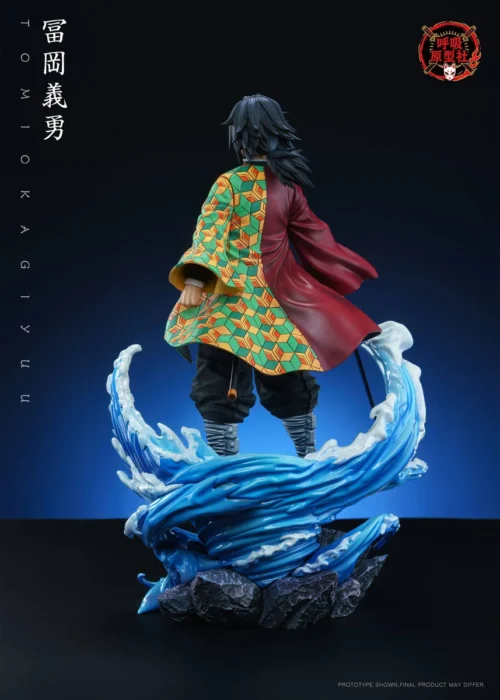 "Giyu Tomioka Figure 1/6 scale resin statue showing dynamic water breathing effects and stoic pose from a detailed angle. Limited edition collectible."