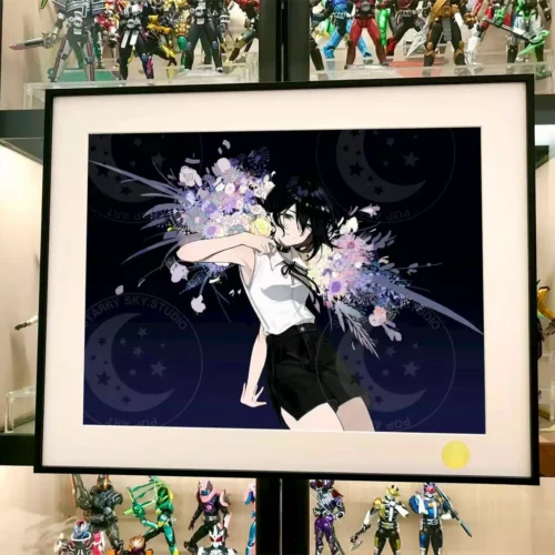 "Close-up views of the Limited Edition Chainsaw Man Reze art print, highlighting vibrant starry night fireworks and exquisite collector-grade details."