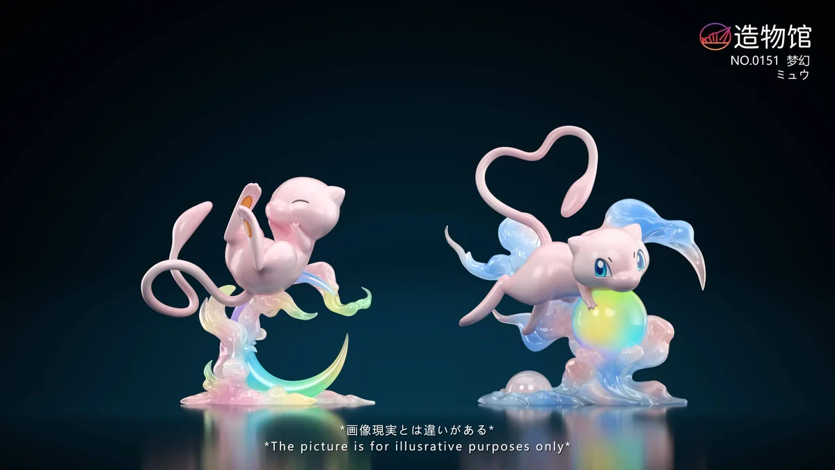 "1/20 Mew Pokemon figure gallery: iconic design, multiple playful poses, and vibrant color options shown from all angles."