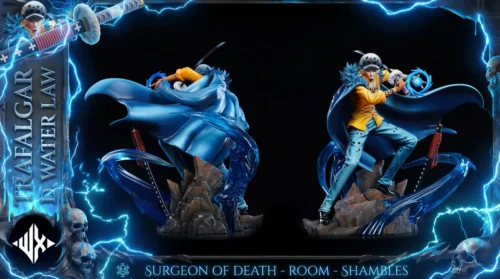 "Dynamic Trafalgar Law WX-Studio One Piece resin statue from various angles, showcasing intricate sculpture details and powerful dual effects."