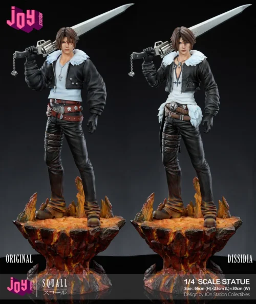 "Dynamic 1/4 scale Final Fantasy Squall statue, featuring Original and Dissidia forms, intricate detail, and an illuminated LED base."