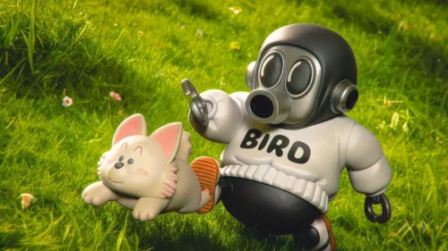 "Playful WCF Scale Akira Toriyama figure walking his dog, an exclusive, whimsical tribute statue from ZOR-Studios."