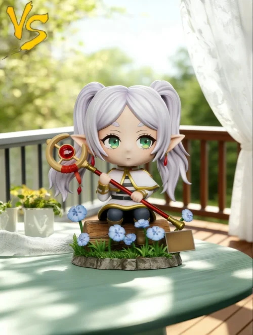 "Premium Chibi Frieren resin statue by VS STUDIO. Adorable figure with serene charm, detailed robes, and intricate tree stump from a new angle."