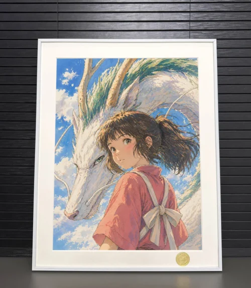 "A detailed view of the Limited Edition Spirited Away Chihiro and Haku giclee art print by H-TWO Studio, showcasing the serene, dreamlike illustration."
