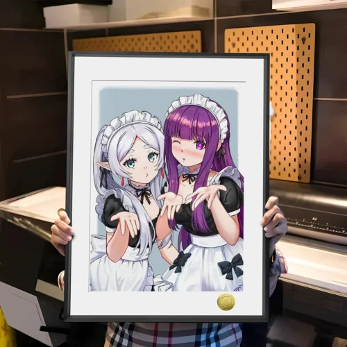 Limited edition premium framed Frieren Maid Painting featuring Frieren and Fern from Beyond Journey's End in elegant maid outfits.