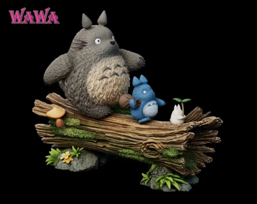 "Iconic Studio Ghibli Three Totoros desktop diorama. An artistic Totoro figure capturing a serene forest scene with all three characters.“