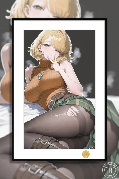 Limited Edition Ashley Graham Resident Evil 4 stylized art print, beautifully framed in sleek black aluminum.