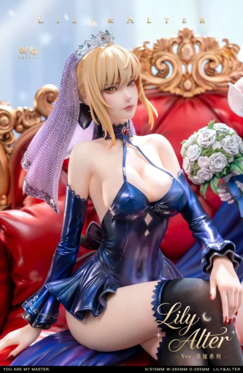 "Detailed angles of the 1/4 Saber Bride Lily & Alter Fate Series statue, showcasing exquisite real fabric and dual-character artistry."