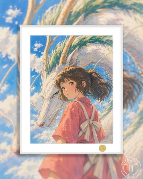 "Limited edition premium giclee art print of a serene, dreamlike illustration featuring Chihiro and Haku from Spirited Away."
