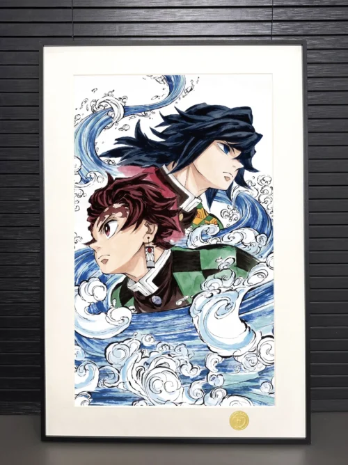 "Experience the premium framed Giyu & Tanjiro Demon Slayer decorative painting from various angles, highlighting its limited edition vivid illustratio."