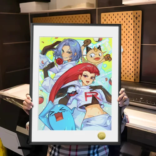 Dynamic, vibrant main image of a premium framed, limited edition Pokemon Team Rocket art painting featuring Jessie & James & Meowth.