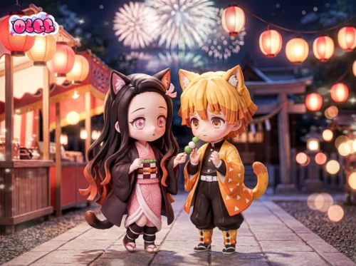 "Adorable Chibi cat-inspired Nezuko and Zenitsu Demon Slayer resin statue from OLGG Studio, featuring playful poses, cat ears, and tails."