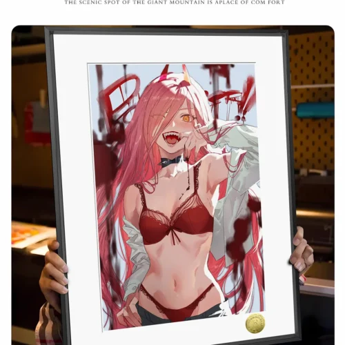 "Dynamic Chainsaw Man Power Blood Devil art print by Huang Gua Studio, viewed from an angle showcasing its vibrant colors and premium frame."