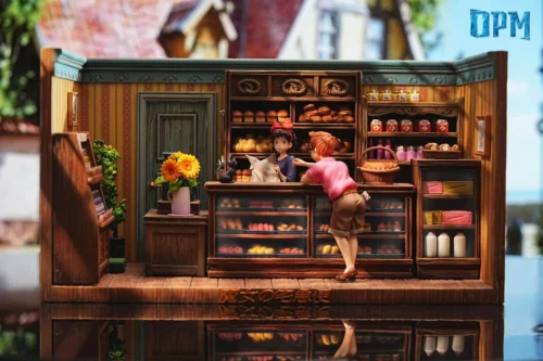 "Exquisite Kiki's Delivery Service bakery diorama, featuring Kiki, Tombo, Jiji, and Soot Sprites in a whimsical, detailed resin statue scene."