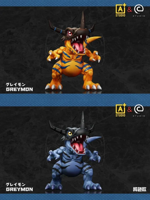 "Dynamic Greymon Digimon Adventure statue, featuring both vibrant original and menacing dark versions. A premium collectible figure."