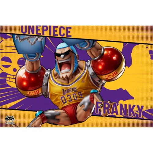 "Exclusive Purple Gold Franky (Dream Team Final Edition) One Piece statue. Franky figure in purple and gold uniform on striking yellow base."