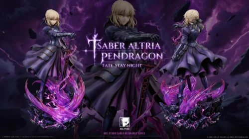 "Limited Edition 1/6 Saber Alter Fate/Stay Night Premium Resin Statue. Detailed views of dynamic pose, LED base, and intricate sculpting."