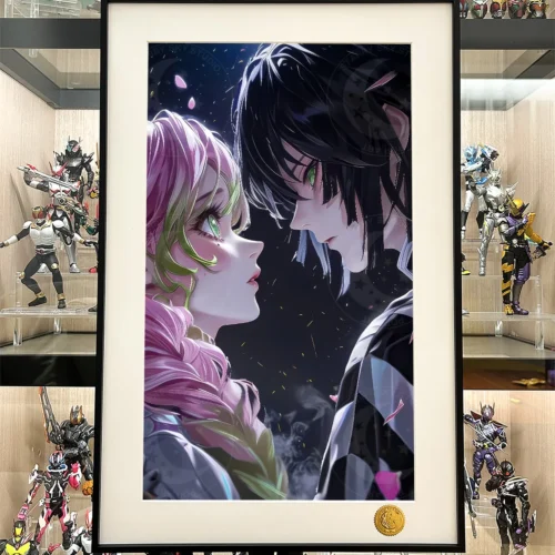 "Mitsuri Kanroji & Obanai Iguro stargaze painting detail, highlighting vibrant anime art and premium framed finish. Limited edition Demon Slayer print."