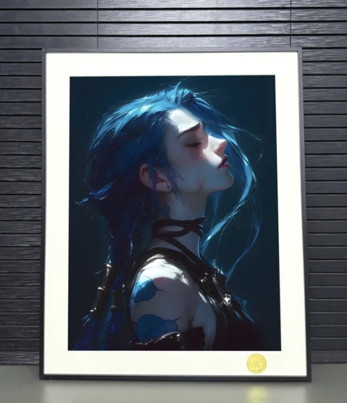 "High-quality framed Arcane Jinx battle-worn art print by H-TWO Studio. Multiple angles reveal its dynamic, expressive details."