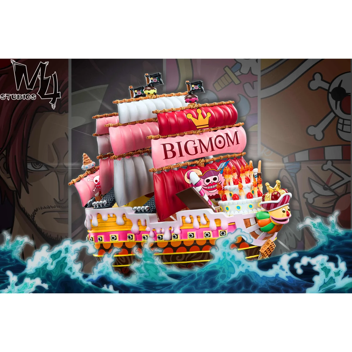 "M4 Studio's Limited Edition One Piece Queen Mama Chanter statue. Explore highly detailed, vibrant, and intricately sculpted ship model views."