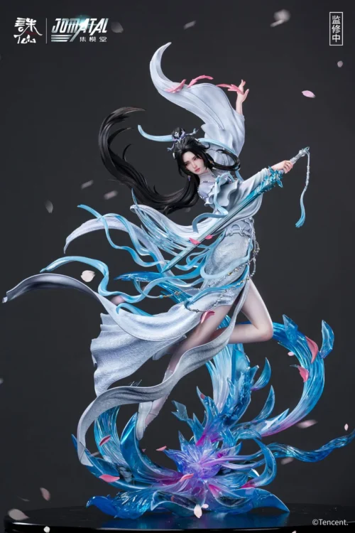 "1/4 Lu Xueqi Zhu Xian statue. Ethereal heroine with hyper-realistic eyes, real lashes, metal sword, and dynamic pose."