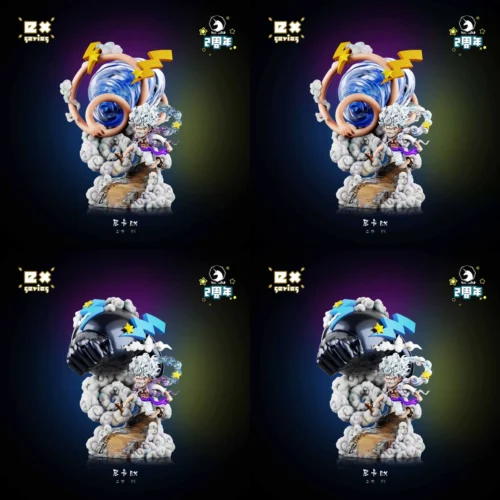 "Premium MDS Studio Gear 5 Nika Luffy figure, dynamically posed with White Whip and Ape God Gun attacks. An iconic One Piece WCF collectible."