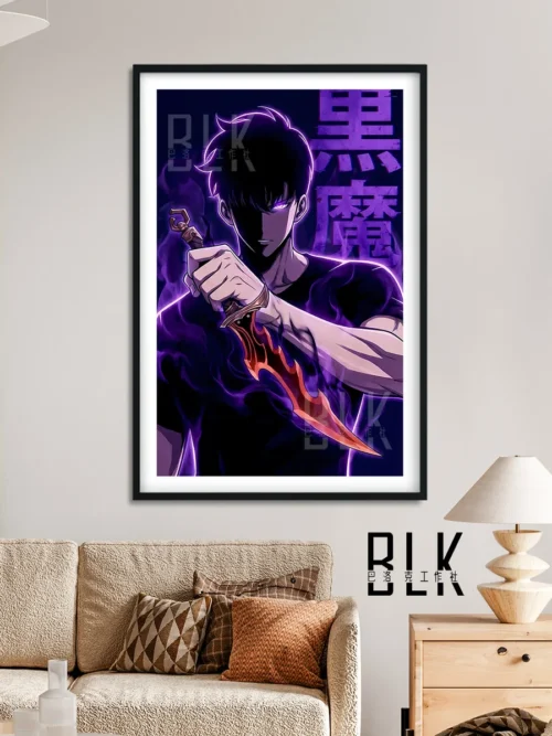 "Premium Solo Leveling Sung Jinwoo Shadow Monarch decorative painting. Dynamic Baroque wall art, detailed from various angles, showcasing dramatic."