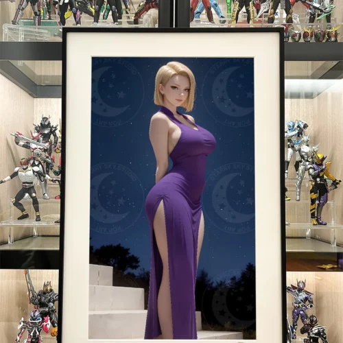 "Limited edition, hand-numbered Dragon Ball Android 18 Night print. Unique angle shows romantic cosmic art."