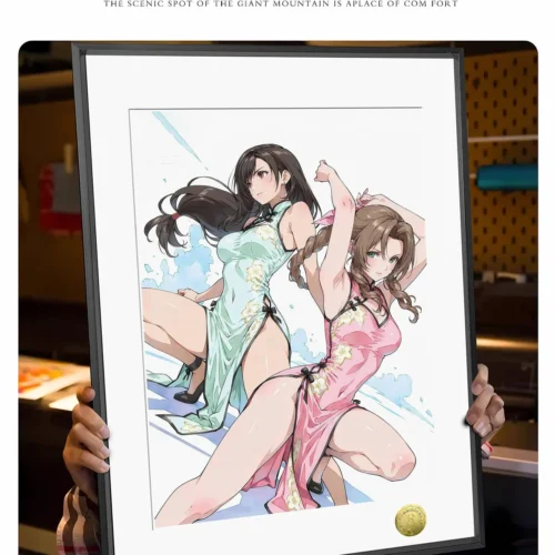 "Detailed views of the Limited Edition Final Fantasy VII Qipao Tifa & Aerith decorative painting, highlighting their elegant poses, vibrant Qipao."