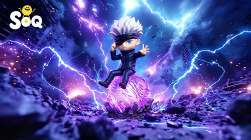 "Adorable Chibi Gojo Satoru Jujutsu Kaisen resin figure in a dynamic pose with a vibrant LED light-up base by SOQ STUDIO."