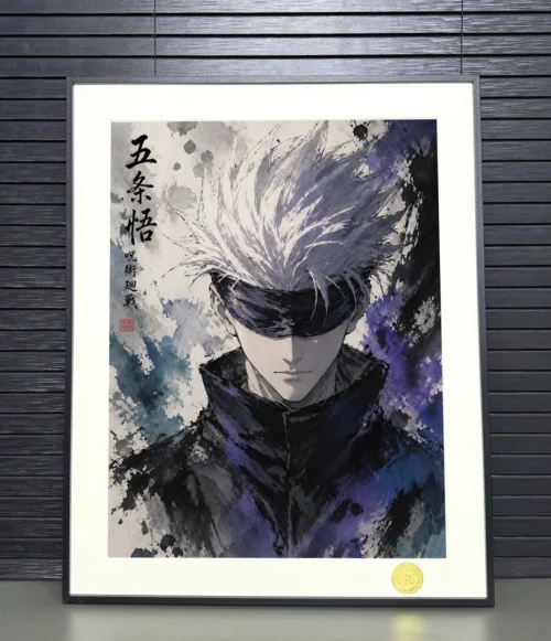 "This gallery image captures a striking angle of the exclusive Gojo Satoru ink wash painting, revealing the dynamic sumi-e artistry and unique limited."