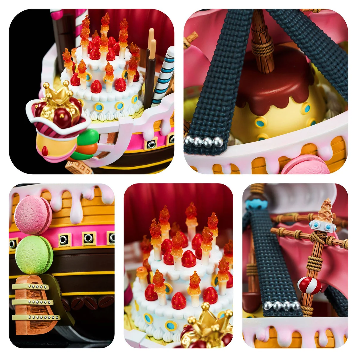 "Multiple angles of the Limited Edition M4 Studio One Piece Queen Mama Chanter statue, showcasing its vibrant, highly detailed ship model."