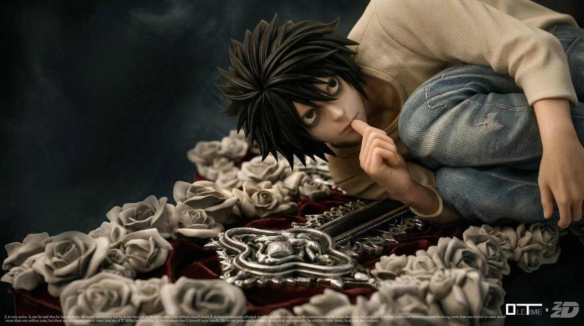 "1/6 L Lawliet Death Note premium resin statue gallery. Explore iconic sitting pose, dark aesthetic, magnetic features, and intricate sculpting."