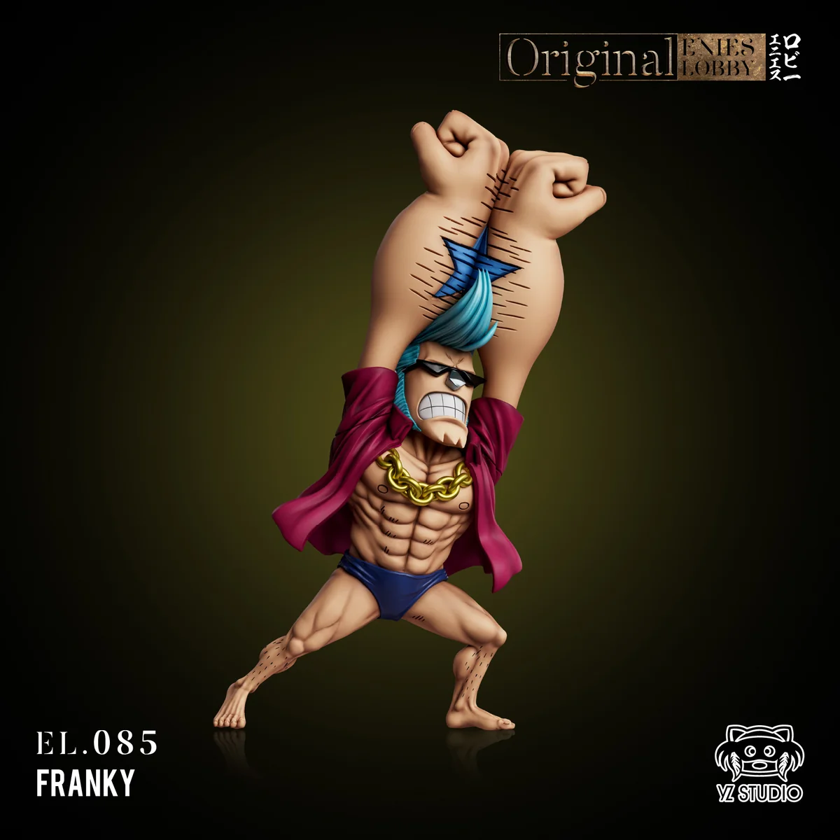 Dynamic YZ Studios Franky First Appearance One Piece statue, a vibrant premium collectible figure in his iconic Hawaiian shirt and speedo.