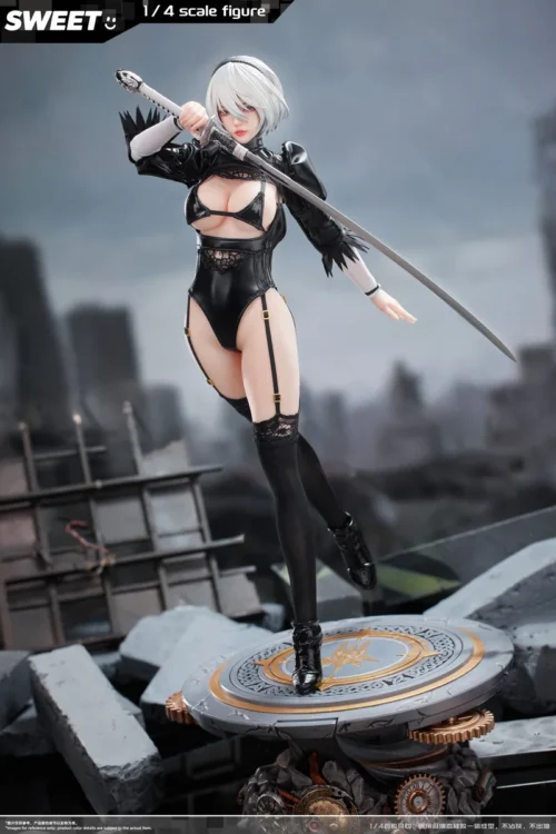 "Nier Automata 2B 1/4 scale poseable figure, showcasing her seamless silicone body and sleek, combat-ready elegance. A premium collectible for fans."