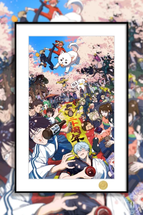 "Vibrant Gintama Yorozuya characters from H-TWO Studio's limited edition 20th Anniversary decorative painting, a premium Gintama art print."
