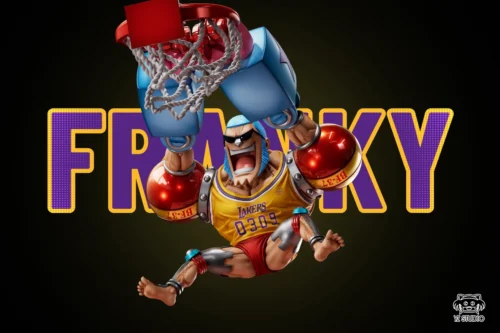 "Exclusive Purple Gold Franky Dream Team One Piece statue. Dynamic pose, vibrant purple and gold, striking yellow base. Close-ups detail premium sculp."