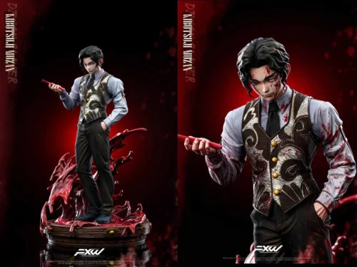 "Premium Demon Slayer Muzan resin statue, capturing his menacing, dynamic pose with regal blood effects and a shattered base."