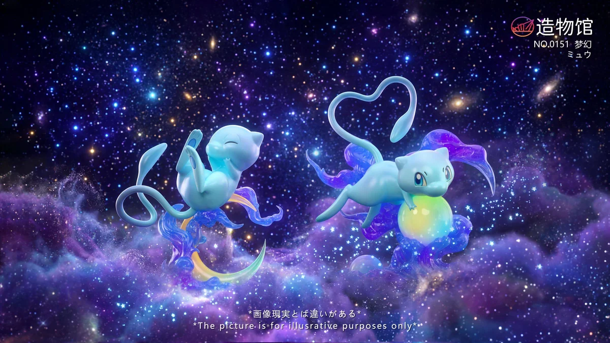 "Charming Mew Pokemon figure by Zao Wu Guan Studio. Detailed views show its iconic design, dynamic poses, and vibrant original and shiny color options."