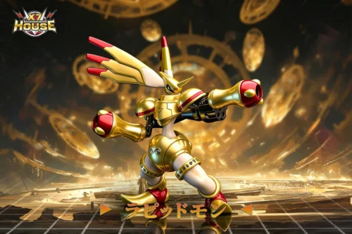 "Golden Rapidmon Digimon resin statue by X7-HOUSE Studio. A premium, limited edition, hand-crafted figure with dynamic metallic gold mecha details."