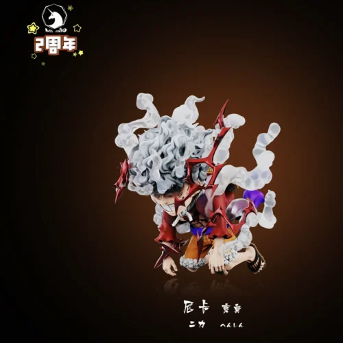 "Dynamic WCF Luffy Gear 5 Nika Transformation Moment figure, showcasing playful white-hot energy from various angles and detailed sculpt work."