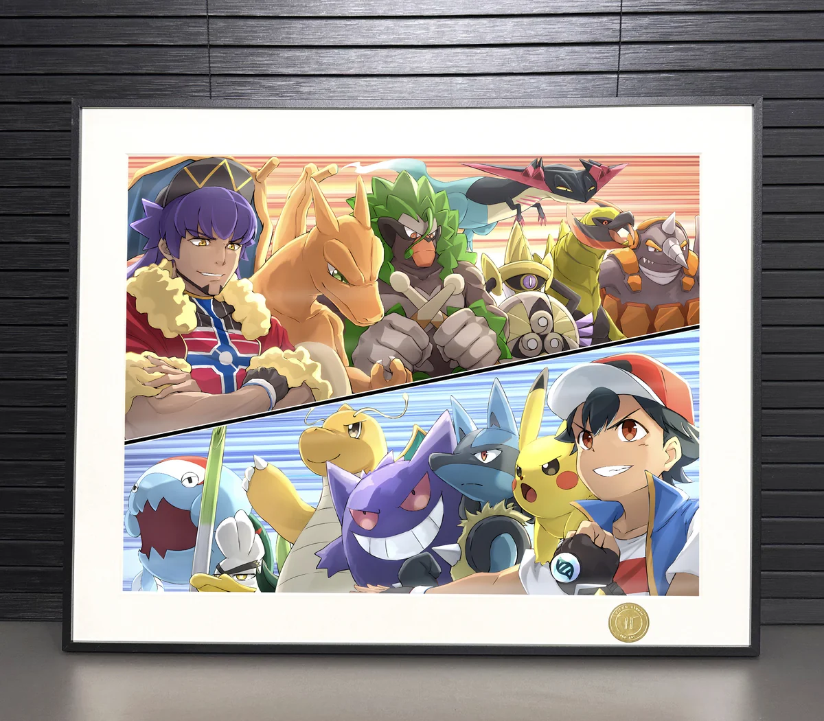 "Premium, limited edition Ash vs. Leon Pokemon art print. H-TWO Studio's vibrant decorative painting features dynamic legendary Pokémon."