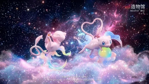 "Zao Wu Guan Studio Mew Pokemon statue. Detailed gallery views show iconic Mew figure in multiple dynamic poses and vibrant original and shiny colors.