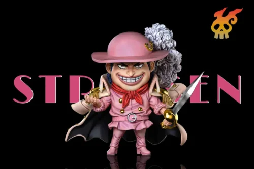 "Rare A+ Studio Streusen One Piece figure: Rocks Pirates chef with whisk, sculpted details visible from angles on blue base."