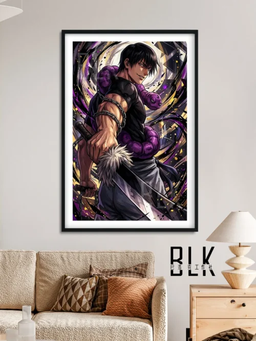 "Detailed views of the Toji Fushiguro: Gaze painting. Highlights rich colors, dynamic pose, and elegant baroque frame. Premium Jujutsu Kaisen."