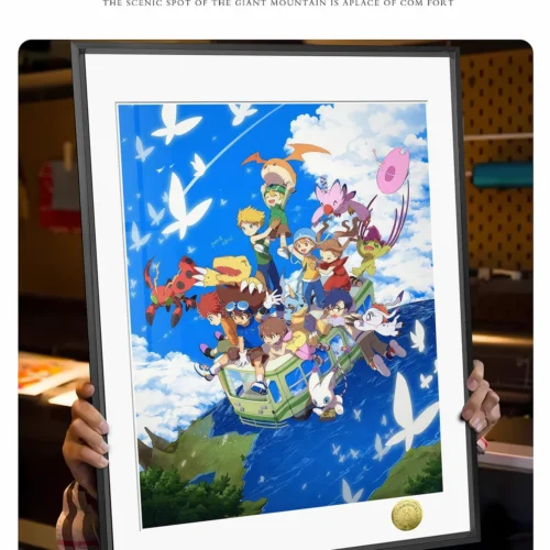 "Detail view of the artistic Digimon Adventure Chosen Children painting, showcasing the vibrant colors and dynamic rendering of Tai and Agumon. This i