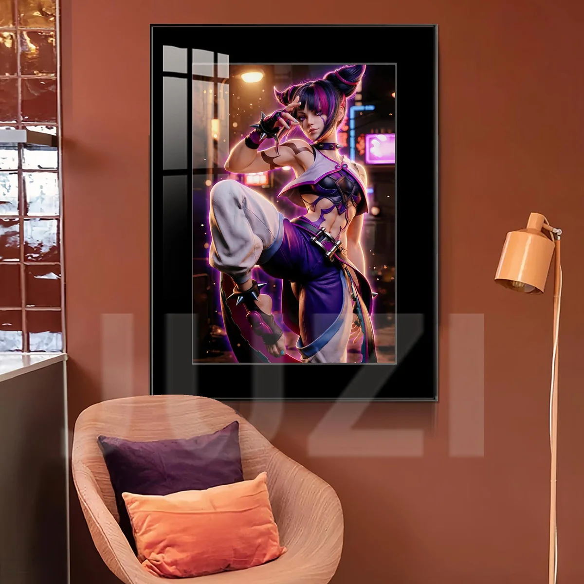 "Gallery views of the Juri Han Cyberpunk Street View painting, highlighting its vibrant, high-definition, fade-proof framed art and dynamic cityscape."